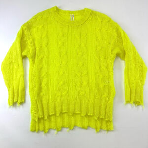 Anthropologie neon yellow pullover sweater Small wool blend crew neck distressed